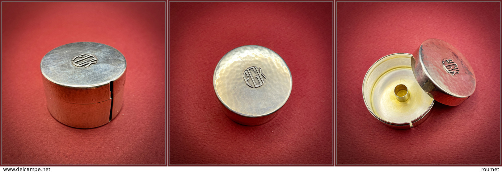 Distributeur De Roulettes. Modèle En Argent, Monogramme "EGK" Sur Couvercle Martelé, Diam.45mm, H.30mm. - TB - Boites A Timbres