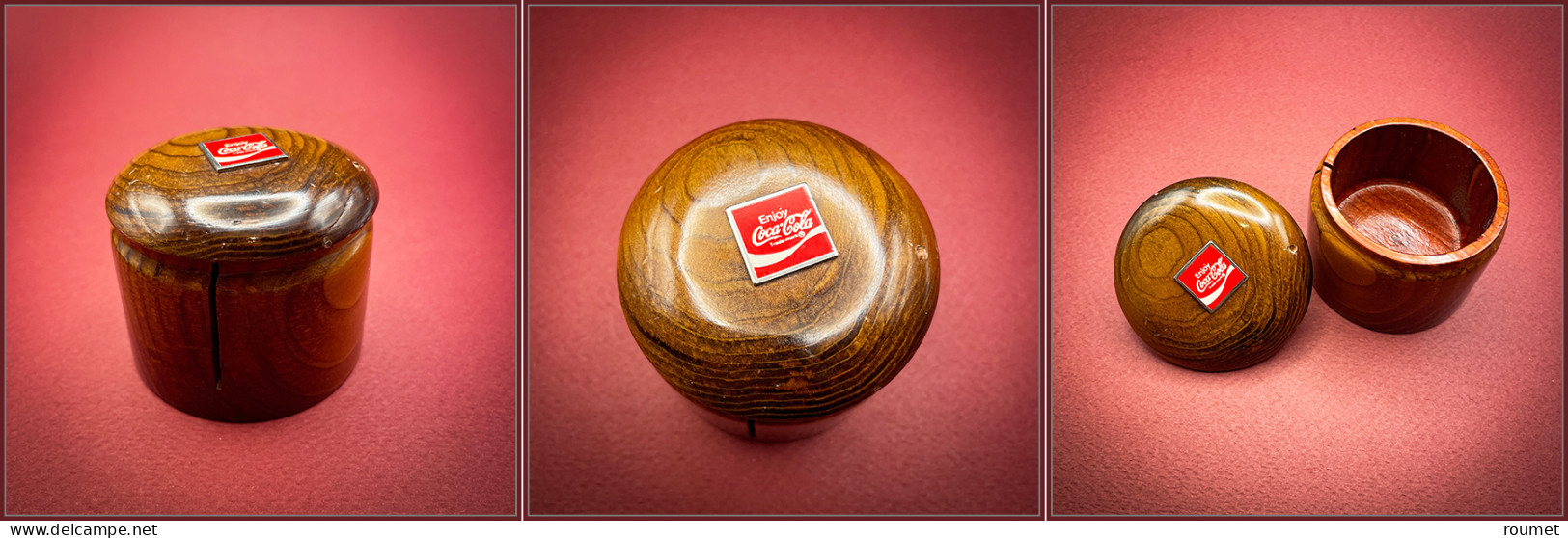 Distributeur De Roulettes. Modèle Publicitaire En Bois Verni, Sigle "Coca-Cola" Sur Couvercle, étiquette "California Red - Stamp Boxes