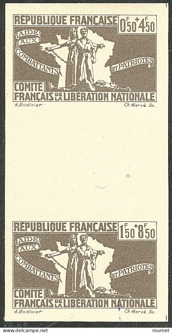 ** France-Libre. Essai Non Dentelé. Nos 1 + 2 En Paire Verticale Interpanneaux, En Gris Foncé. - TB - Other & Unclassified