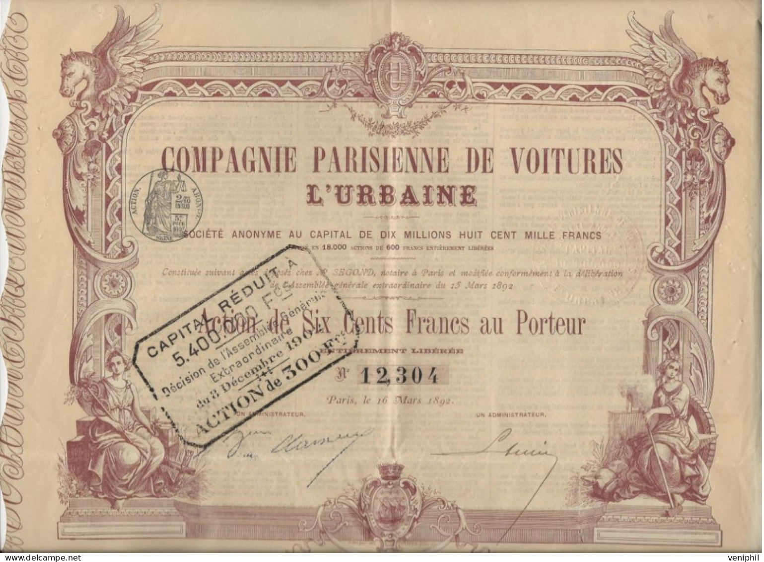 COMPPAGNIE PARISIENNE DE VOITURES "L'URBAINE " ACTION DE SIX CENTS FRANCS  - ANNEE 1892 - Automobile