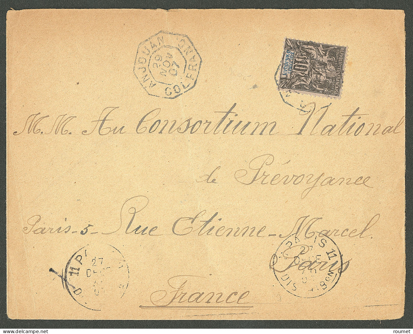 Lettre Cad Octog. Bleu "Anjouan/Col Franc". No 5 Sur Enveloppe Pour Paris, 1907. - TB - Autres & Non Classés