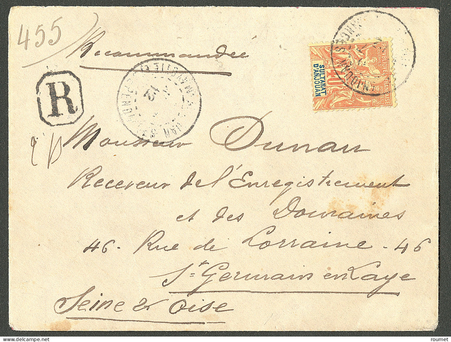 Lettre Cad "Anjouan/Mayotte Et Dépendances". No 10 Sur Enveloppe Recommandée Pour St-Germain-en-Laye, 1912. - TB - Autres & Non Classés
