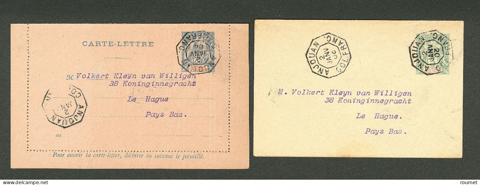 Lettre 1902, 2 Entiers Postaux Avec Cad Octog. "Anjouan/Col Franc". - TB - Andere & Zonder Classificatie