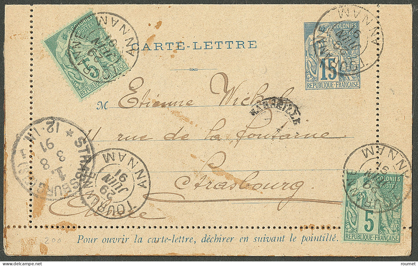 Lettre Cad "Touranne/Annam". Entier 15c Bleu + CG 49(2) Pour Strasbourg, 1891. - TB - Autres & Non Classés