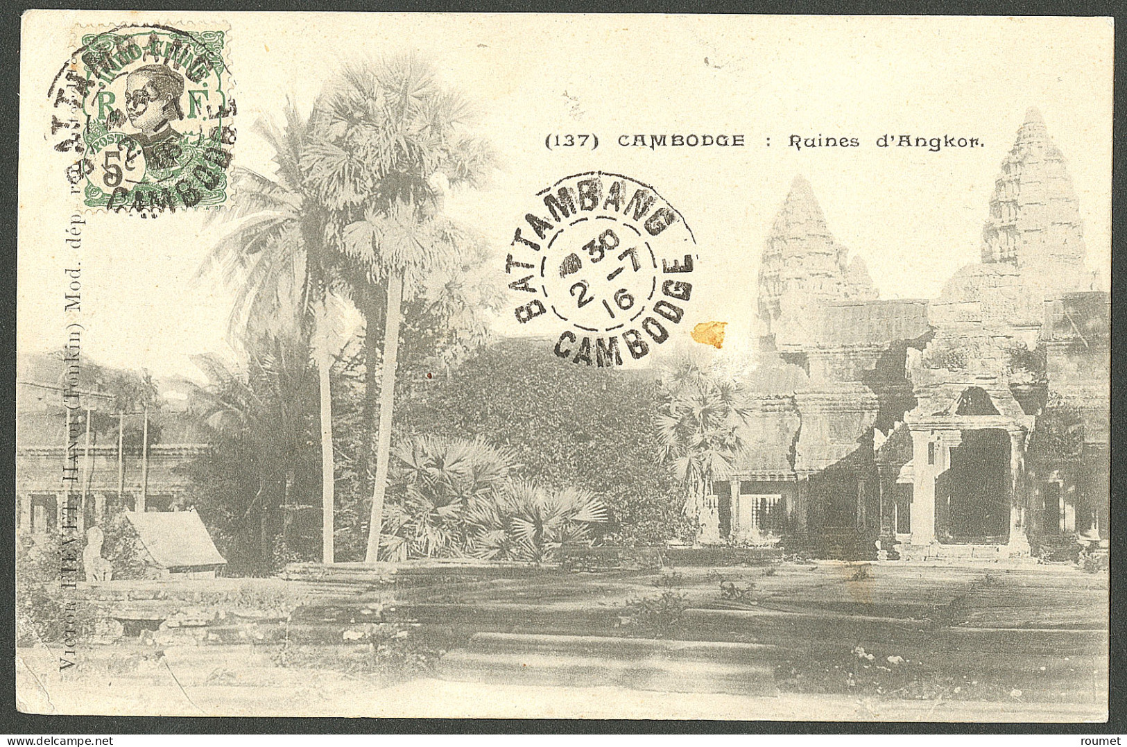 Lettre Cad "Battambang/Cambodge", Sur Indochine 44 Sur CP Pour Livry Gargan, 1916. - TB - Cambodia