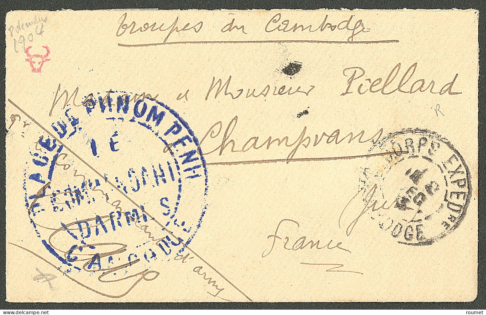 Lettre Cad "Corps Expedre/Cambodge", Sur Enveloppe En Franchise Militaire, Arr. Dôle Du Jura, 1904. - TB - Kambodscha