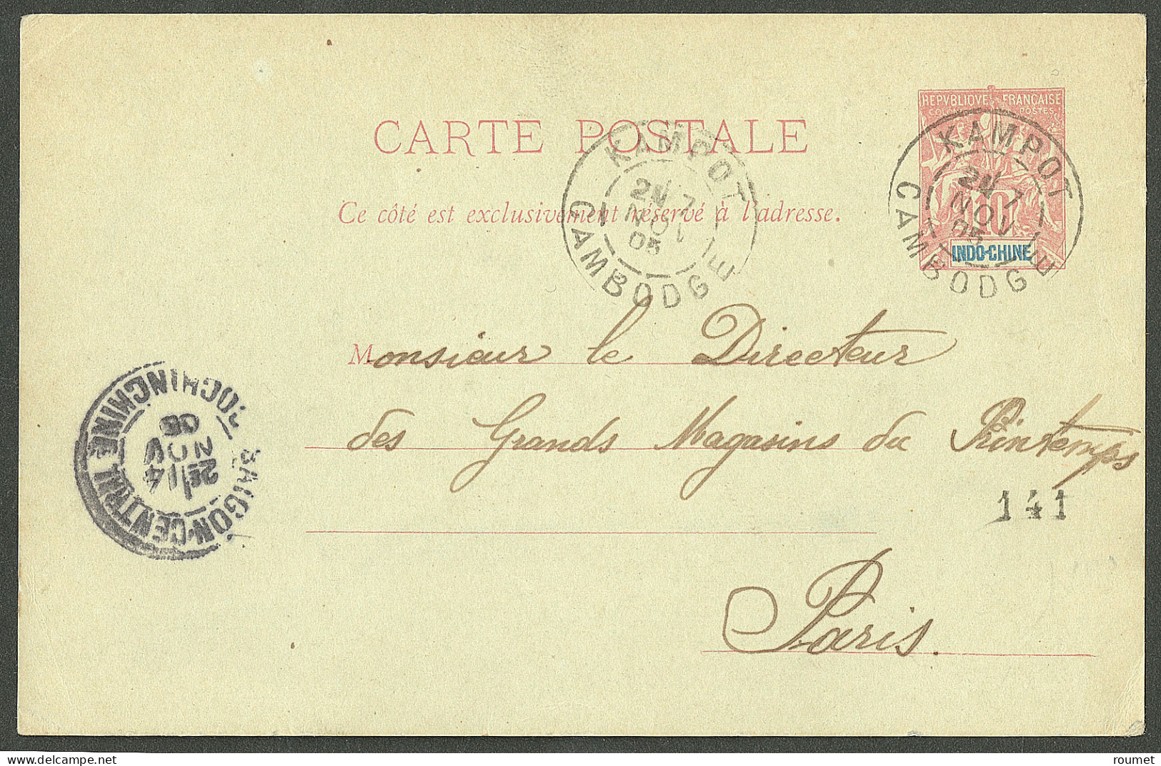 Lettre Cad "Kampot/Cambodge", Sur Entier 10c Rose Pour Paris, 1905. - TB - Cambodia