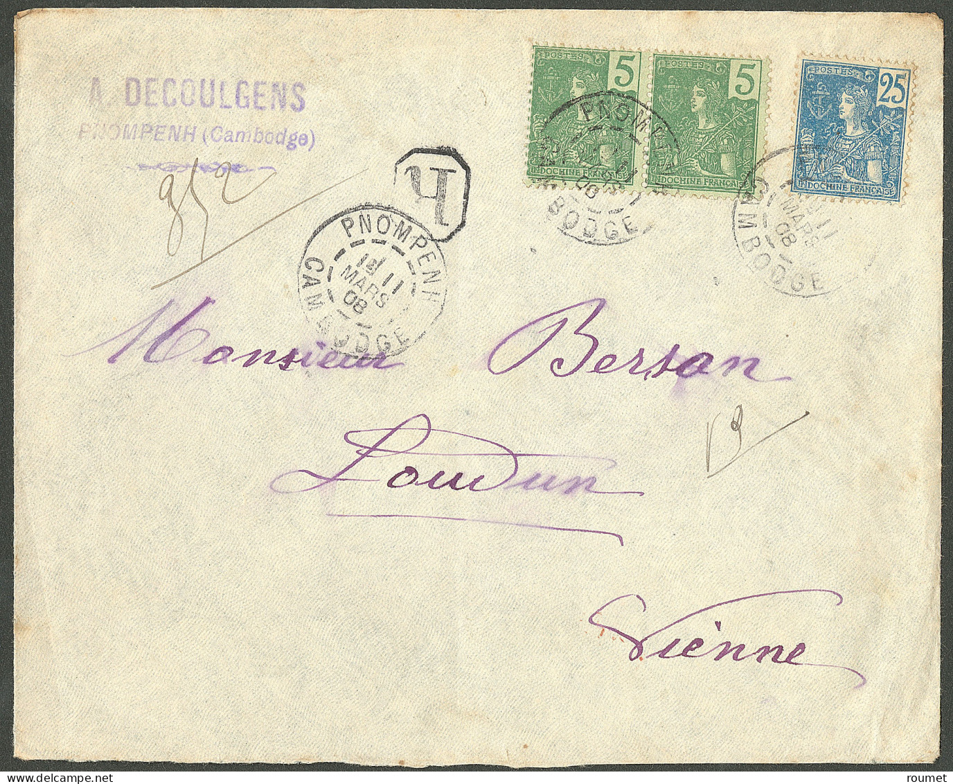 Lettre Cad "Pnompenh", Sur Indochine 27(2) + 31 Sur Enveloppe Recommandée Pour Loudun, 1908. - TB - Cambodia