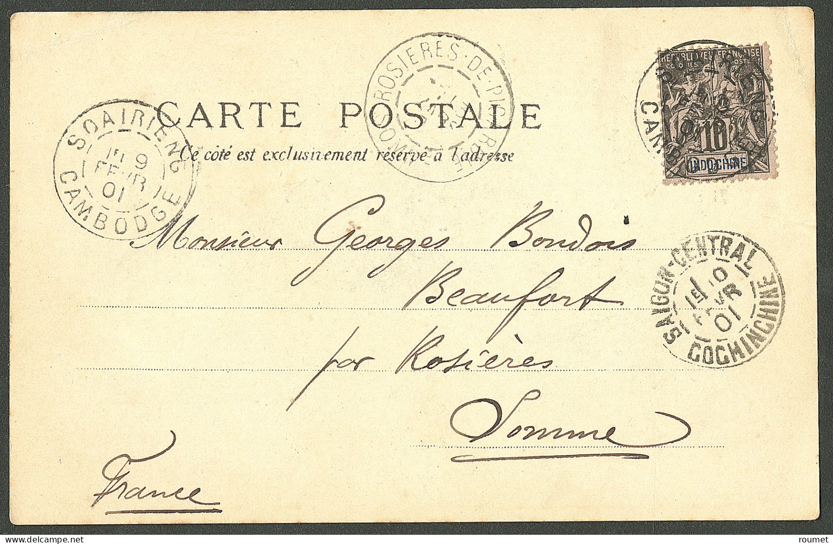 Lettre Cad "Soairieng/Cambodge", Sur Indochine 7 Sur CP Pour Beaufort, 1901. - TB - Cambodge