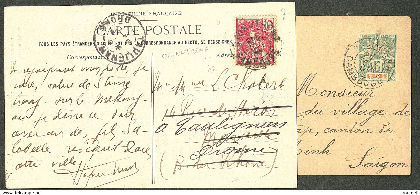 Lettre 1897-1908, Une Enveloppe Obl "Pnompenh" Et Une CP Obl "Stungtreng". - TB - Cambodge