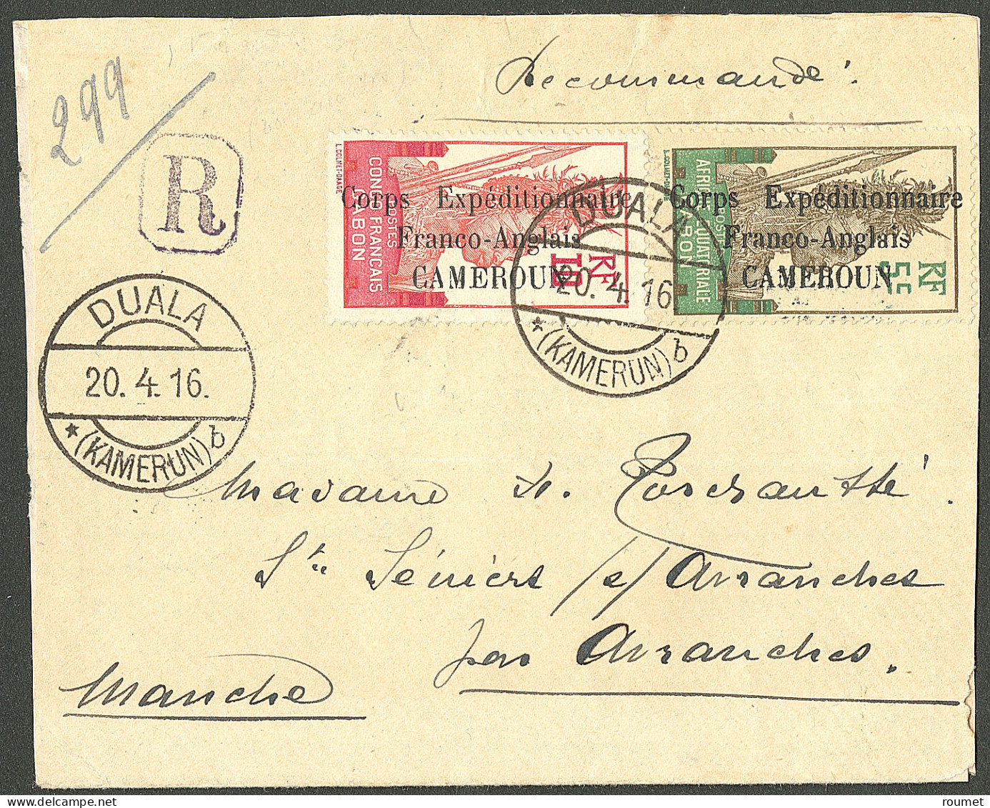 Lettre Cad "Duala/Kamerun". Nos 41 + 42 + 42 Paire Au Verso D'une Enveloppe Recommandée Pour Avranches, 1907. - TB - Autres & Non Classés