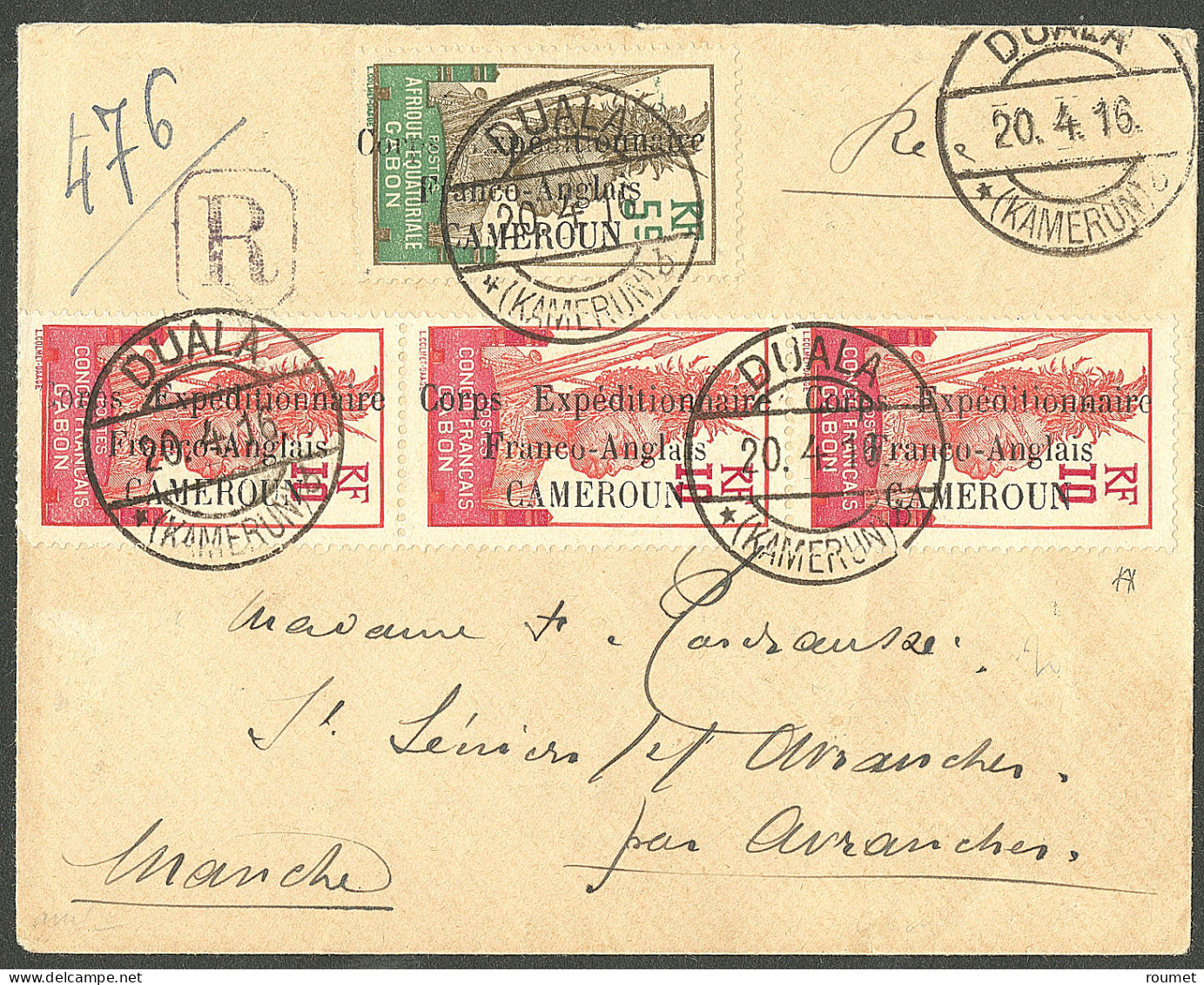 Lettre Cad "Duala/Kamerun". Nos 41 + 42 Bande De Trois Sur Enveloppe Recommandée Pour Avranches, 1916. - TB - Altri & Non Classificati