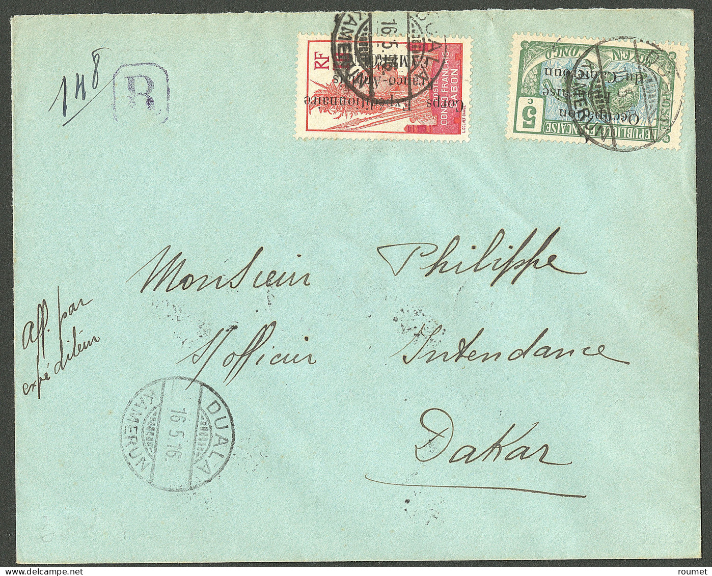 Lettre Cad "Duala/Kamerun". Nos 41 + 42 + 44 Bande De Trois Au Verso D'une Enveloppe Recommandée Pour Dakar, 1916. - TB - Autres & Non Classés