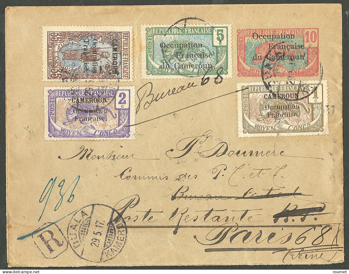 Lettre Cad "Duala/Kamerun", Sur Entier 10c + 67 + 68 + 70 + 76 Sur Enveloppe Recommandée Pour Paris, 1917. - TB - Altri & Non Classificati