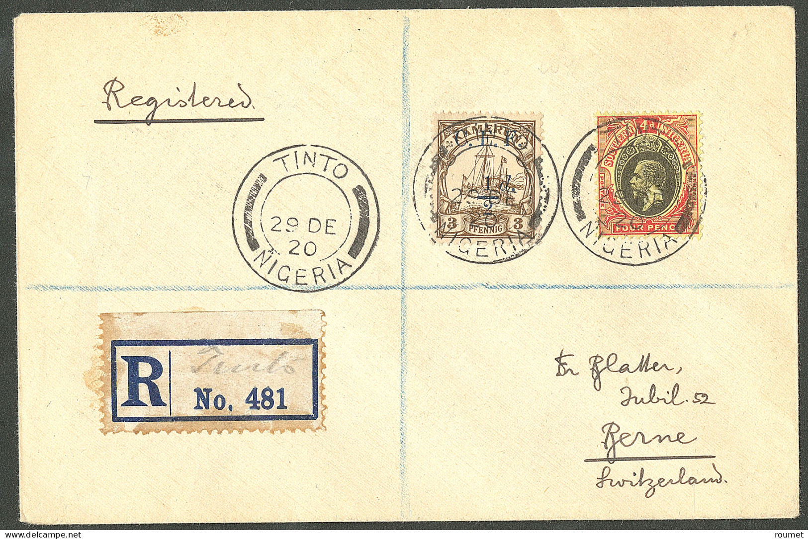 Lettre Cad "Tinto/Nigeria". Cameroun 25 + Nigeria 6 Sur Enveloppe Recommandée Pour Berne, 1920. - TB - Autres & Non Classés