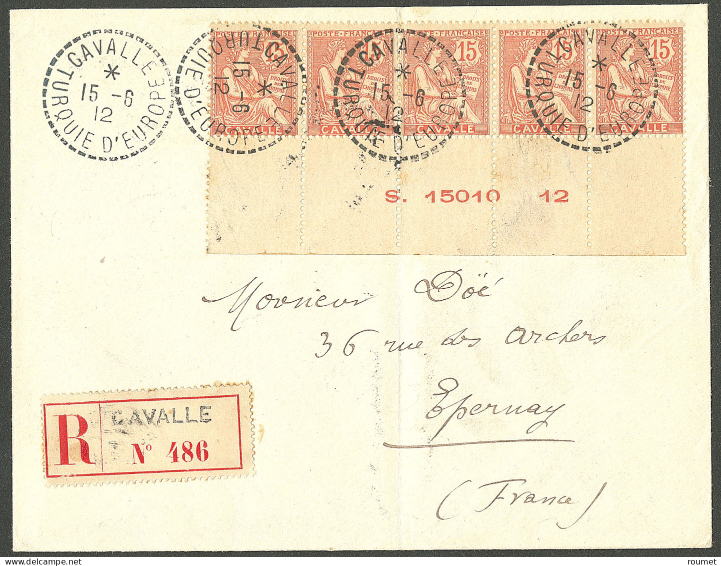 Lettre CAVALLE. Cad "Cavalle/Turquie D'Europe". Nos 12 Bande De 5 Bdf, Sur Enveloppe Pour Epernay. - TB - Altri & Non Classificati