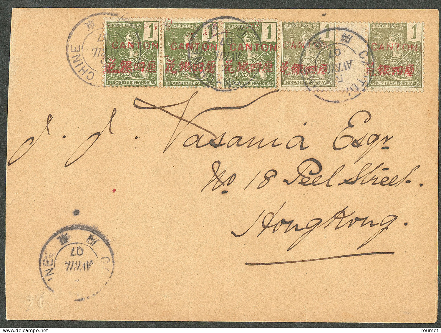 Lettre Cad "Canton/Chine". No 33, Paire Interpanneaux + Bande De Trois Sur Enveloppe Pour Hong-Kong, 1907. - TB - Autres & Non Classés