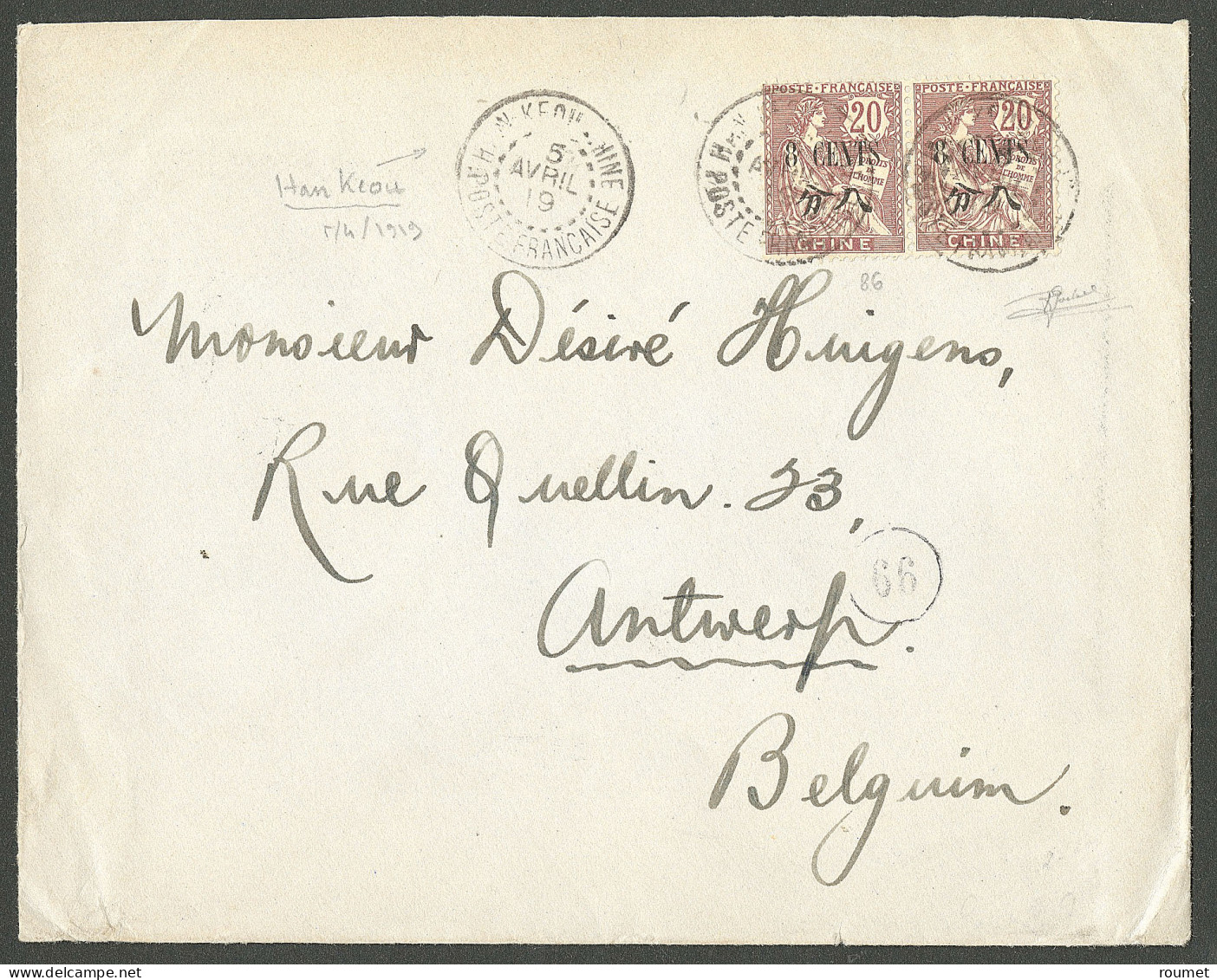 Lettre Cad "Han-Keou-Chine /Poste Française". No 86 Paire Sur Enveloppe Pour Anvers, 1919. - TB - Other & Unclassified