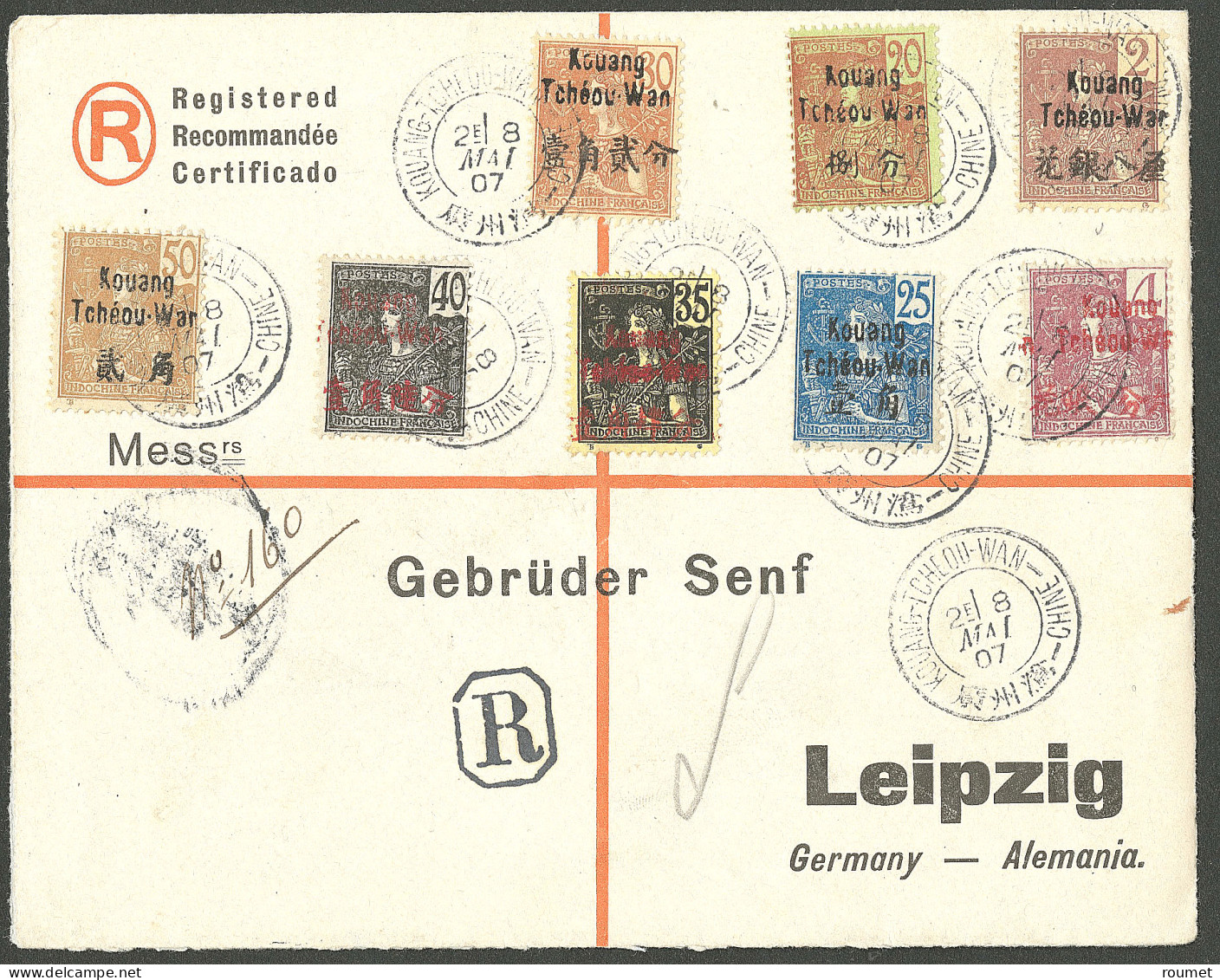 Lettre Cad "Kouang-Tcheou-Wan/Chine". Nos 2 + 3 + 7 à 12 Sur Enveloppe Recommandée Pour Leipzig, 1907. - TB - Autres & Non Classés