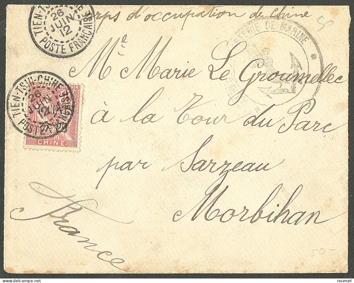 Lettre Cad "Tsien-Tsin-Chine/Poste Française". No 84 Sur Enveloppe Du Corps D'occupation De Chine Pour Sarzeau, 1912. -  - Autres & Non Classés