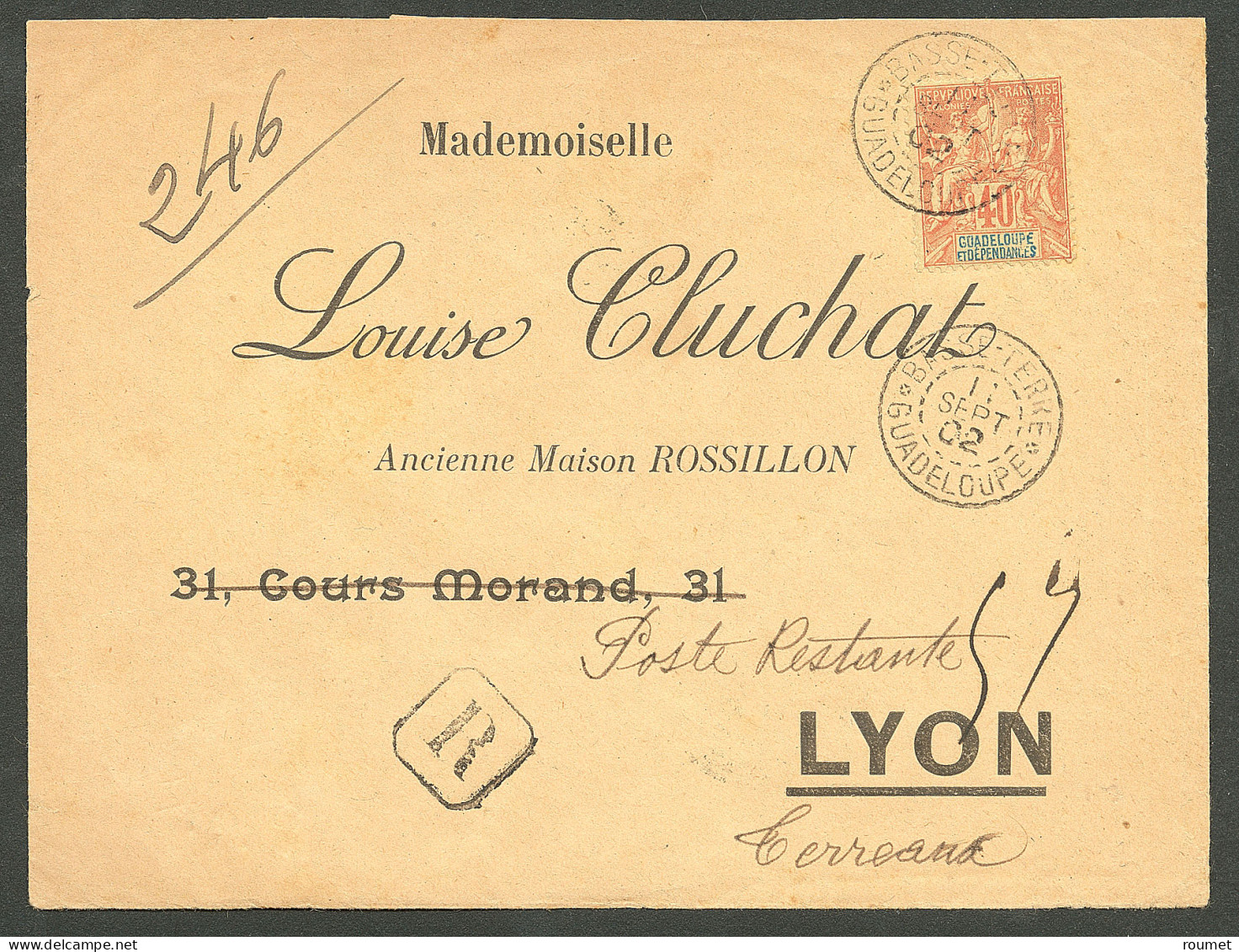 Lettre Cad "Basse-Terre/Guadeloupe". No 36 Sur Enveloppe Recommandée Pour Lyon, 1902. - TB - Other & Unclassified