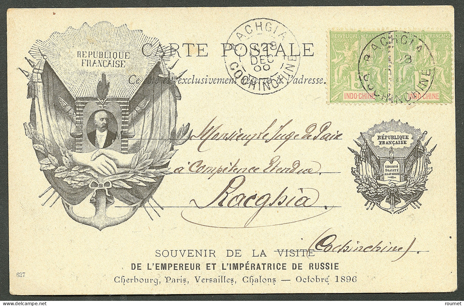 Lettre Cad "Rachgia/Cochinchine". No 17 Paire Sur CP Illustrée Locale, 1900. - TB - Autres & Non Classés