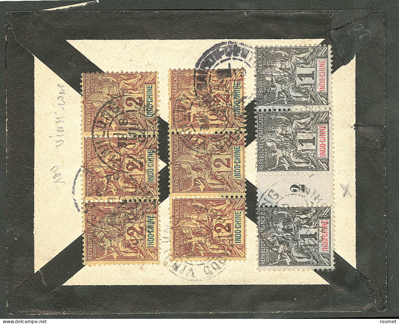 Lettre Cad "Vinhlong/Cochinchine". Nos 3 Bande De Trois Mill 2 + 4 Bande De Trois (2) Au Verso D'une Enveloppe Pour Vinc - Other & Unclassified