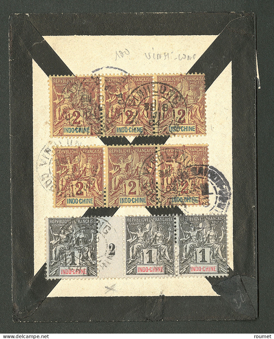 Lettre Cad "Vinhlong/Cochinchine". Nos 3 Bande De Trois Mill 2 + 4 Bande De Trois (2) Au Verso D'une Enveloppe Pour Vinc - Other & Unclassified