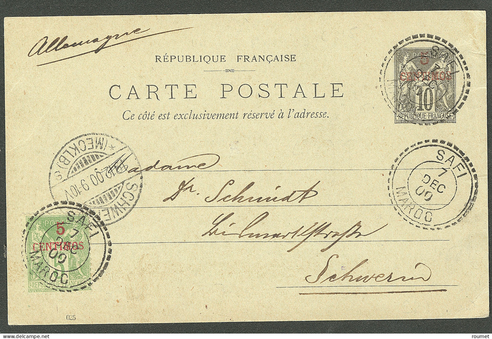 Lettre Cad "Safi/Maroc" Sur Entier 10c Noir + 2 Sur CP Pour L'Allemagne, 1900. - TB - Other & Unclassified