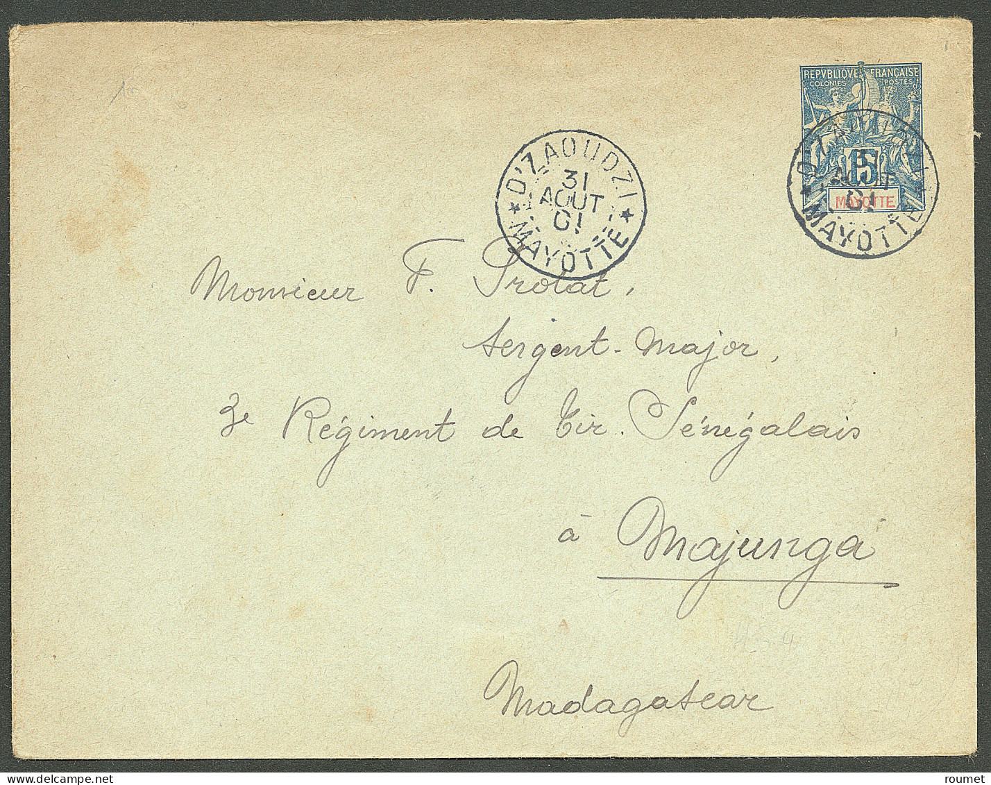 Lettre MAYOTTE. Cad "D'Zaoudzi/Mayotte" Sur Entier 15c Bleu Pour Majunga, 1901. - TB - Sonstige & Ohne Zuordnung