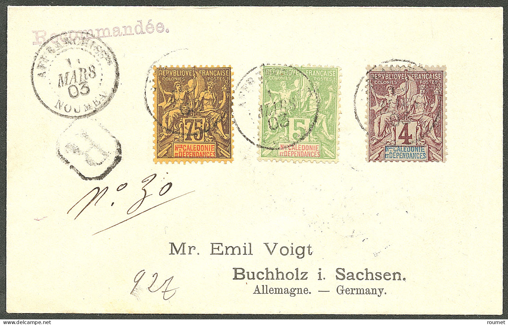 Lettre Cad "Affranchissts/Nouméa". Nos 43 + 52 + 59 Sur Enveloppe Recommandée Pour L'Allemagne, 1903. - TB - Sonstige & Ohne Zuordnung