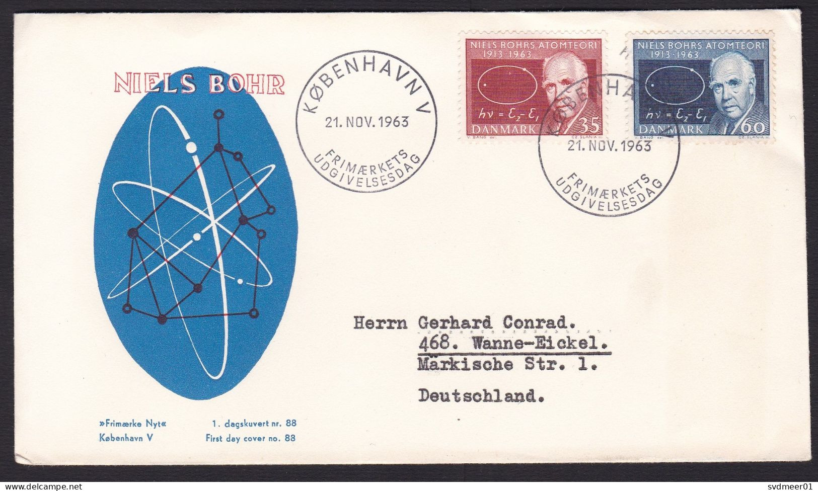 Denmark: FDC First Day Cover To Germany, 1963, 2 Stamps, Niels Bohr, Scientist, Atomic Science (minor Crease) - Storia Postale