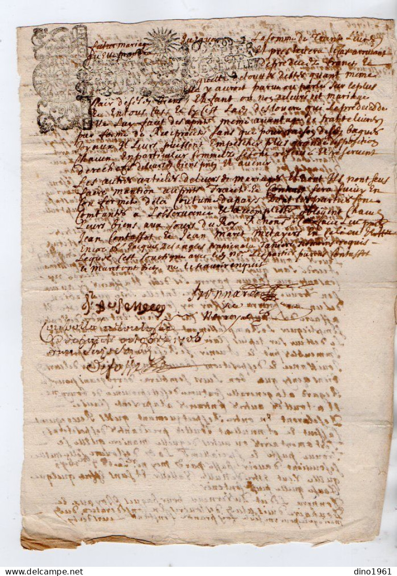VP22.955 - Cachet De Généralité De ? - Acte De 1706 - Contrat De Mariage - M. DU VERNEAU &  ? - Timbri Generalità