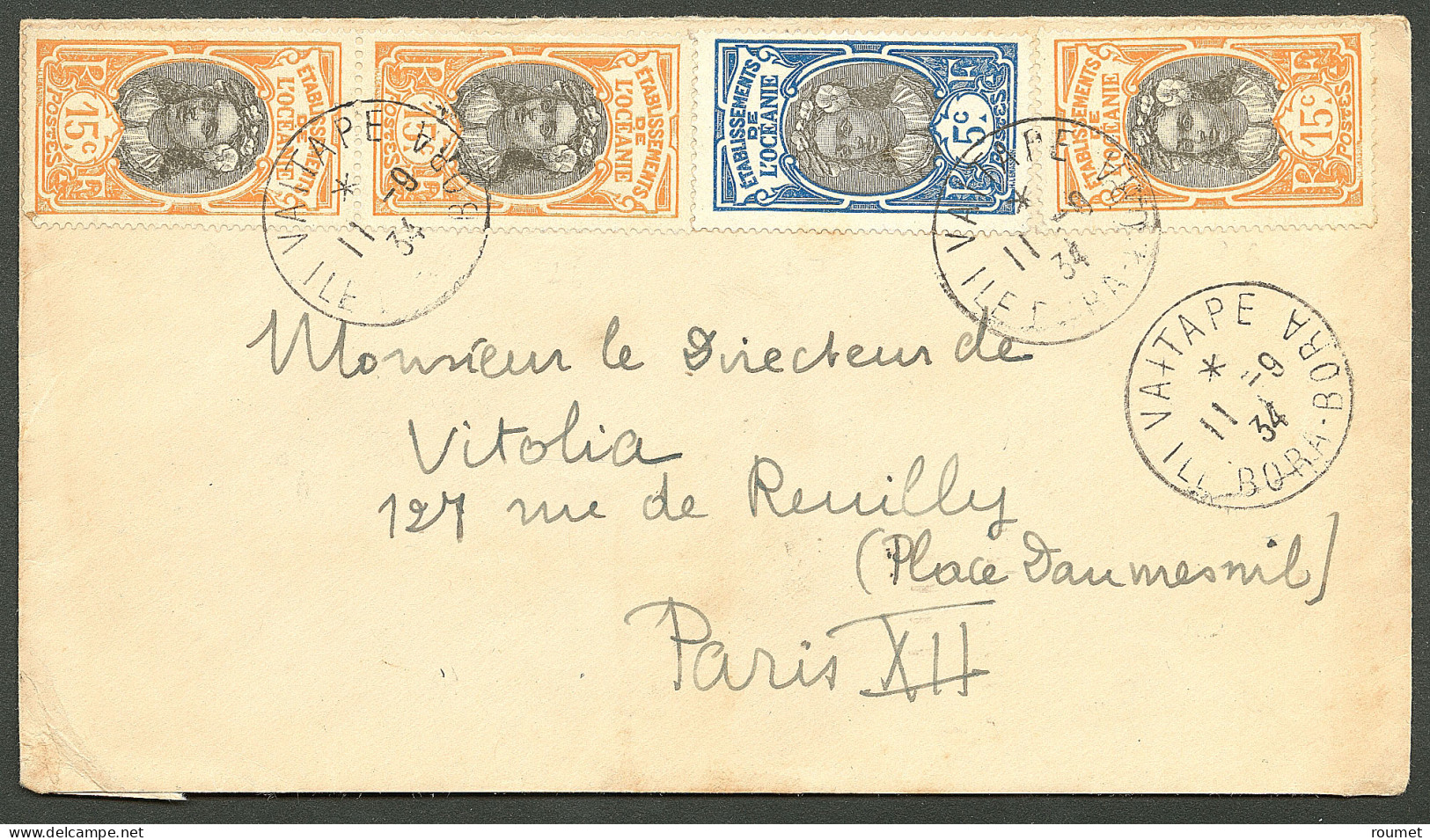 Lettre Cad "Vaitapé/Ile Bora-Bora". Nos 26 + 47(paire Verticale + Un) Sur Enveloppe Pour Paris, 1934. - TB - Sonstige & Ohne Zuordnung