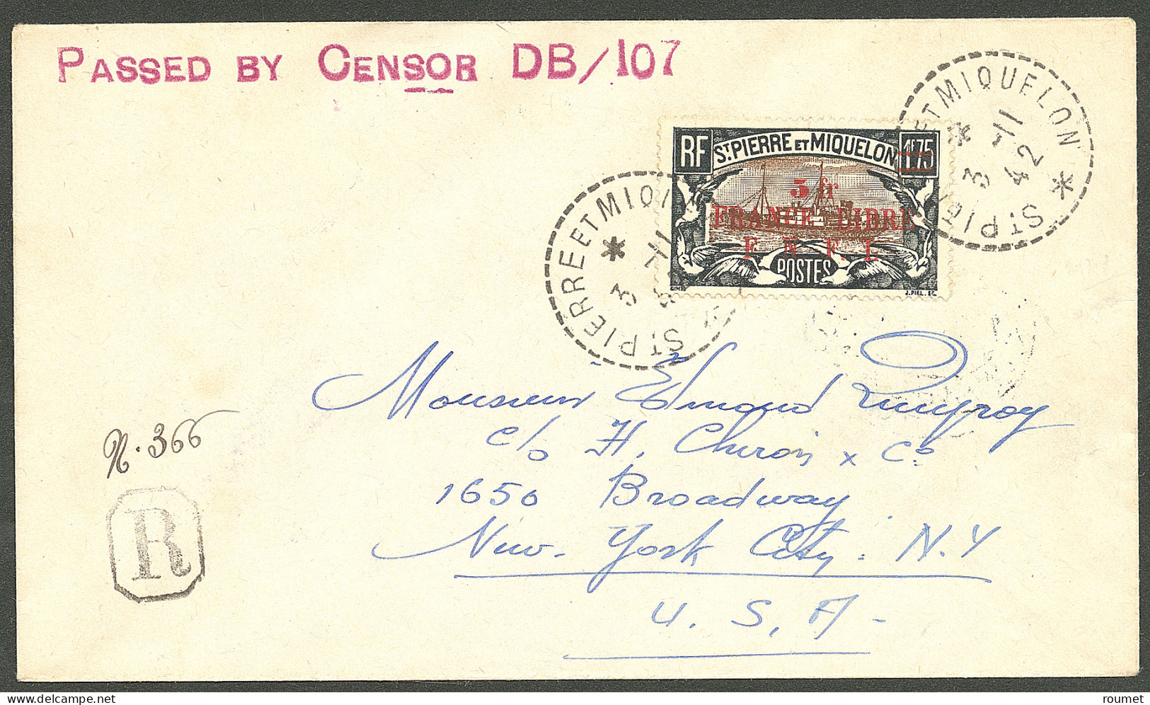 Lettre France-Libre. Cad "St Pierre Et Miquelon". No 245 Sur Enveloppe Recommandée Pour New-York, 1942. - TB - Sonstige & Ohne Zuordnung