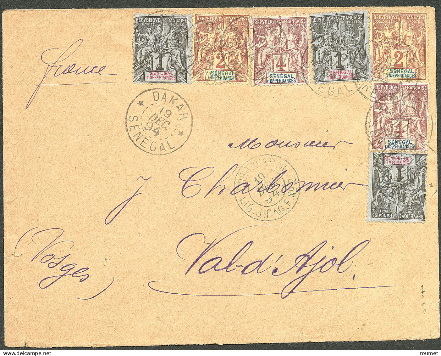 Lettre Cad "Dakar/Sénégal". No 8 (3) + 9 (2) + 10 (2), à Côté Cachet Bleu "Corr D'arm/Lig.J.Paq.F.N°2", Sur Enveloppe Po - Altri & Non Classificati