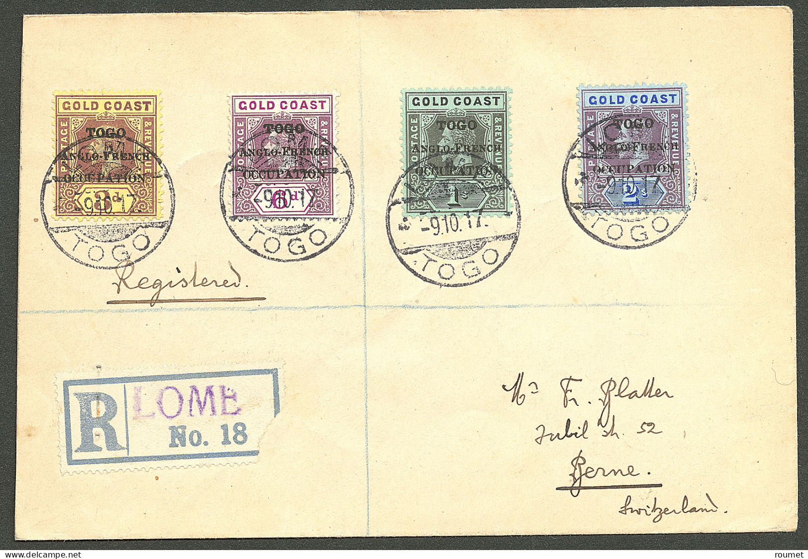 Lettre Cad "Lome/Togo" Sur Timbres De Gold Coast Nos 76 à 79, Sur Enveloppe Recommandée Pour La Suisse. 1917. - TB - Sonstige & Ohne Zuordnung