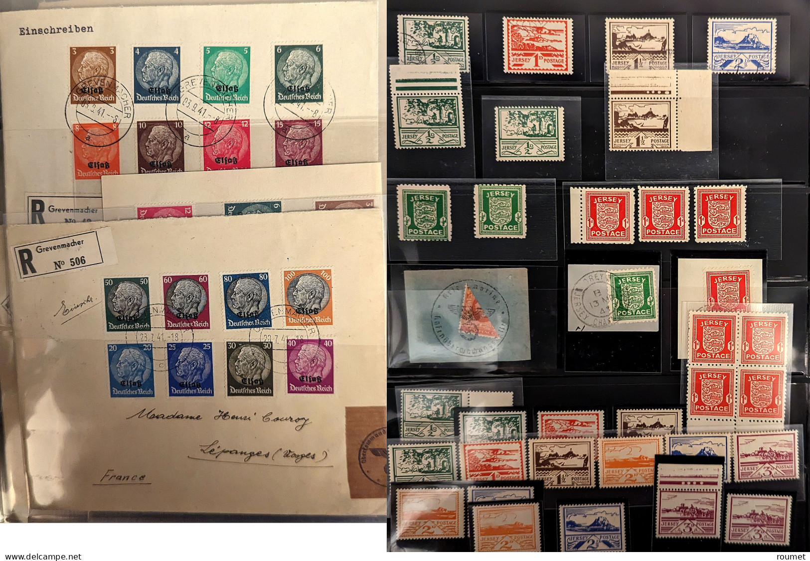 ** Lot. Occupation Allemande. 1940-1945, Valeurs Diverses, Doubles, Obl Et Plis Divers, Dont Elsass, Jersey, Guernesey,  - Autres & Non Classés