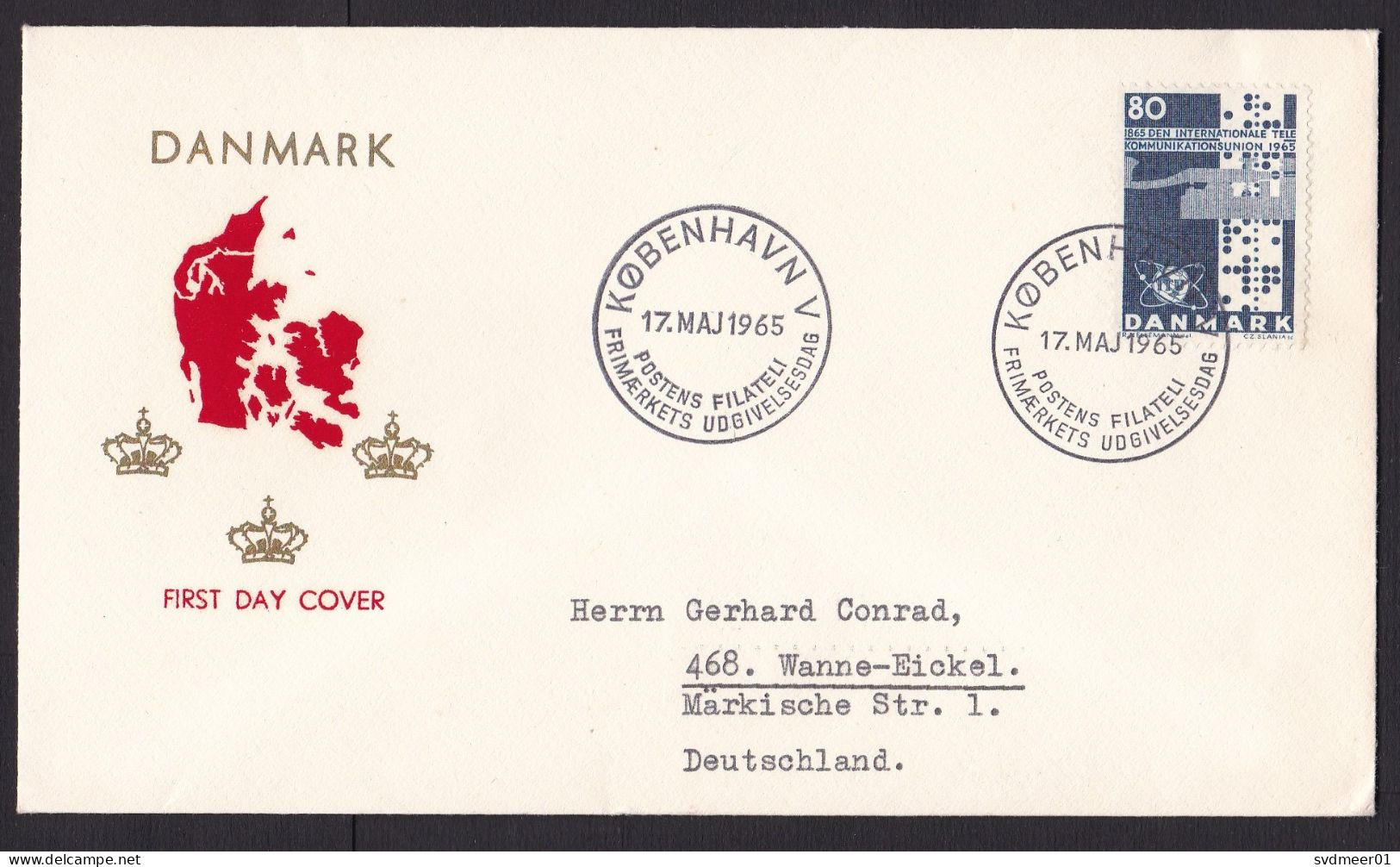 Denmark: FDC First Day Cover To Germany, 1965, 1 Stamp, ITU, Telecommunication, Telex (minor Discolouring At Back) - Cartas & Documentos