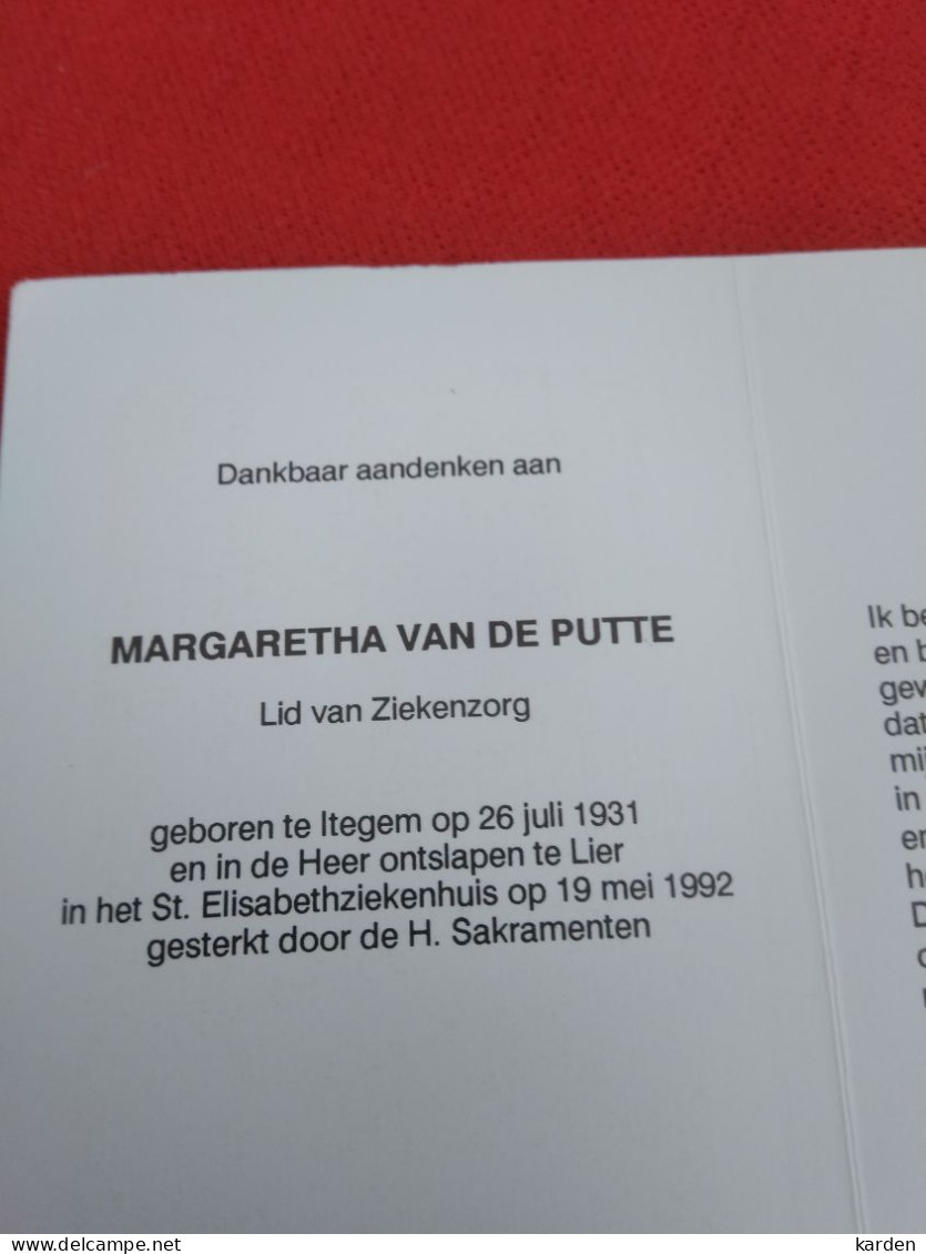 Doodsprentje Margaretha Van De Putte / Itegem 26/7/1931 Lier 19/5/1992 - Religion & Esotérisme