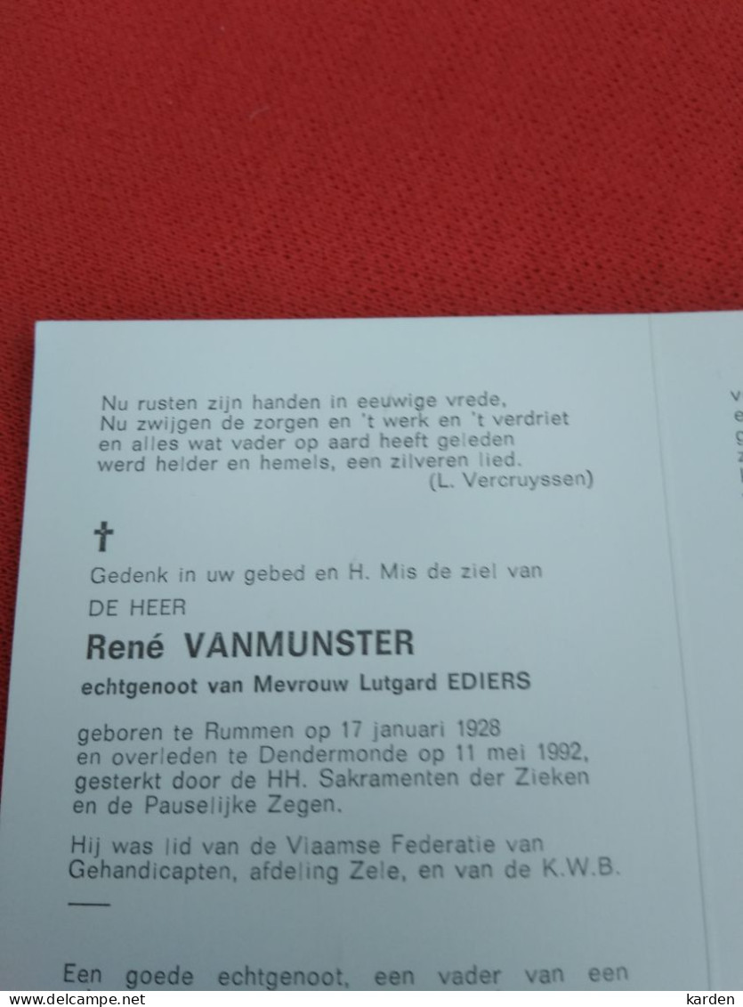 Doodsprentje Rene Vanmunster / Rummen 17/1/1928 Dendermonde 11/5/1992 ( Lutgard Ediers ) - Religion & Esotérisme