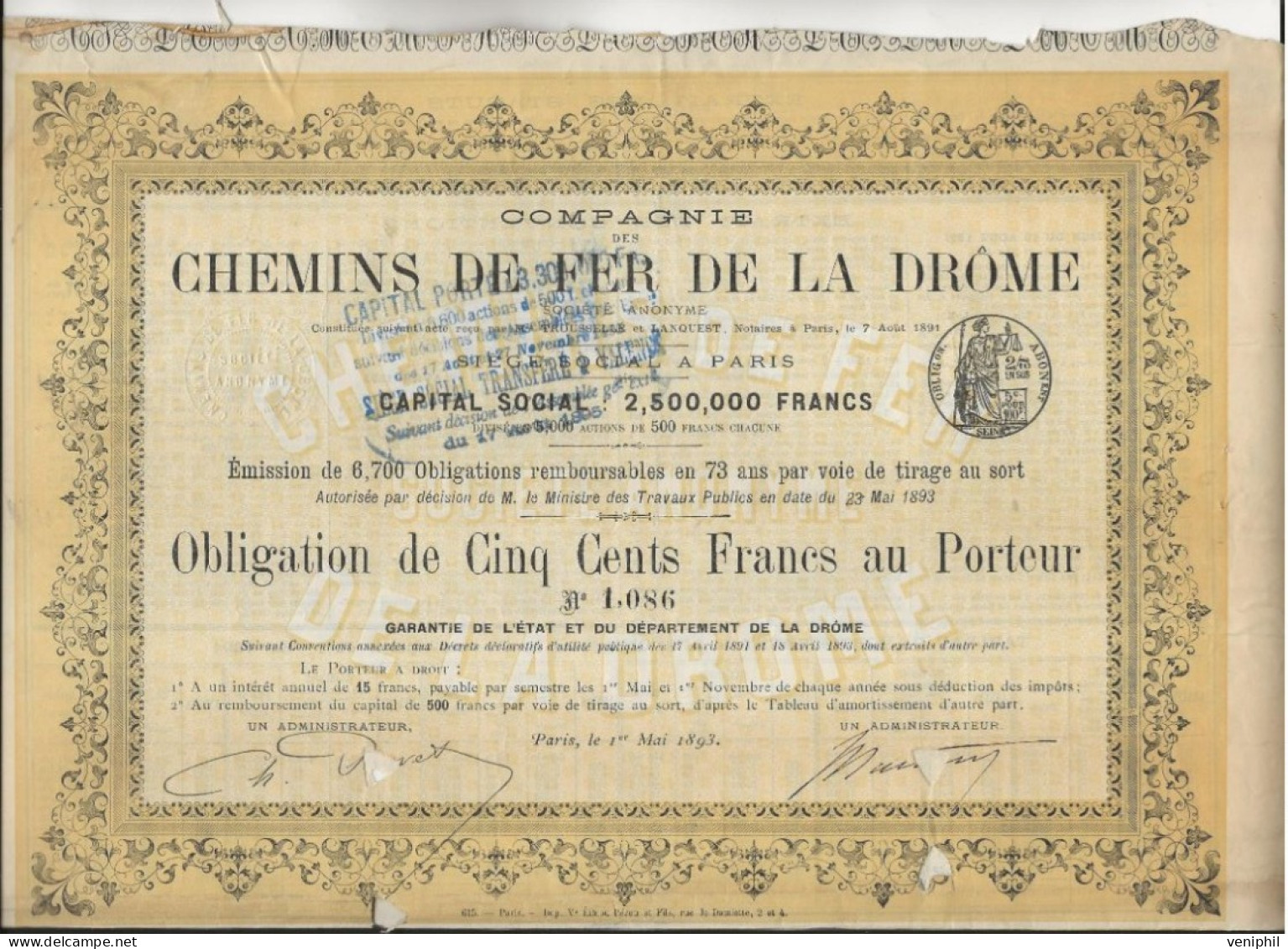 COMPAGNIE DES CHEMINS DE FER DE LA DROME  -OBLIGATION DE CINQ CENTS FRANCS -ANNEE 1893 - Spoorwegen En Trams