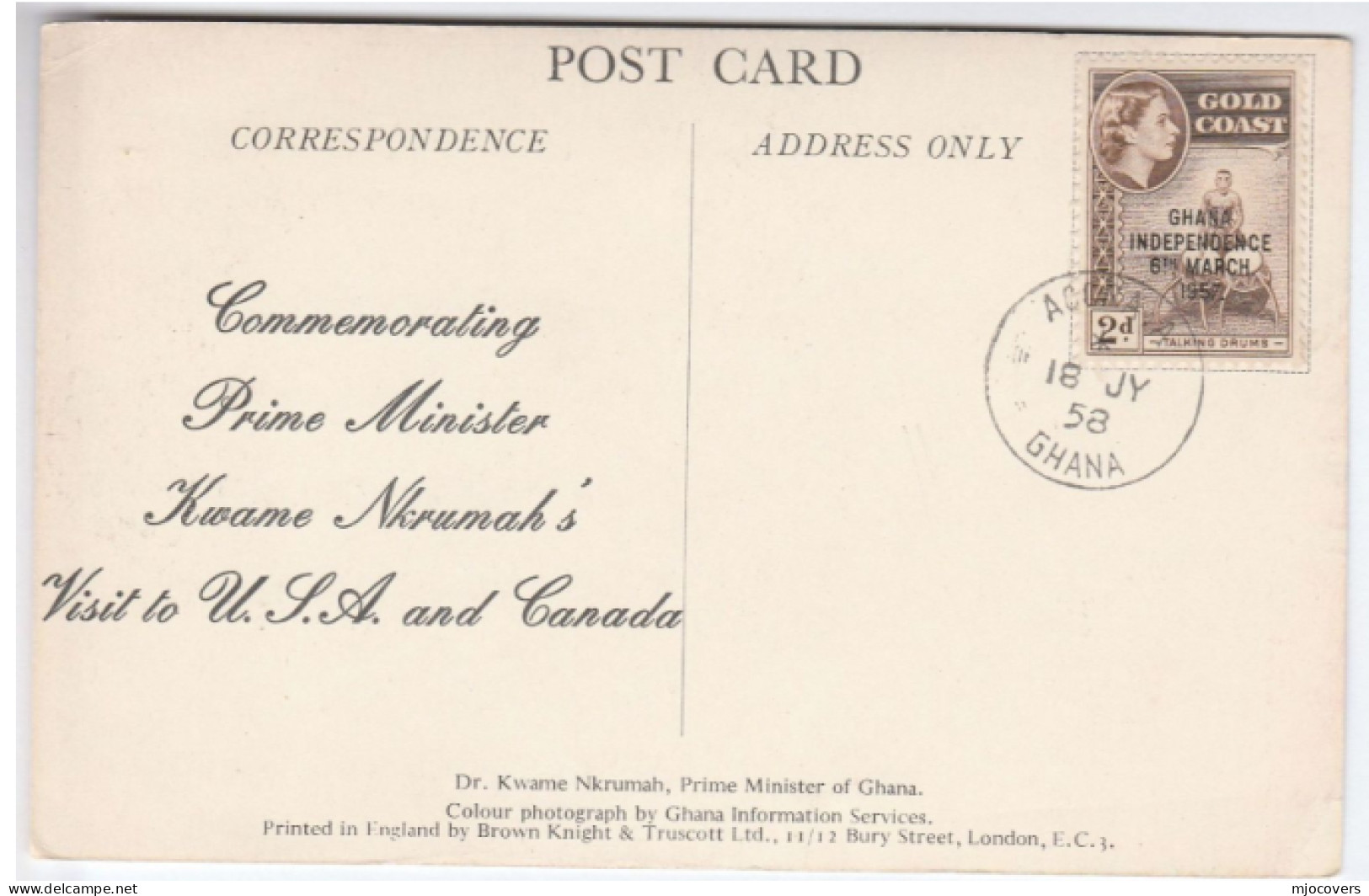 1958  GOLD COAST EVENT Prime Minister NKRUMAH  Visits Canada Cover Stamps Postcard - Ghana - Gold Coast