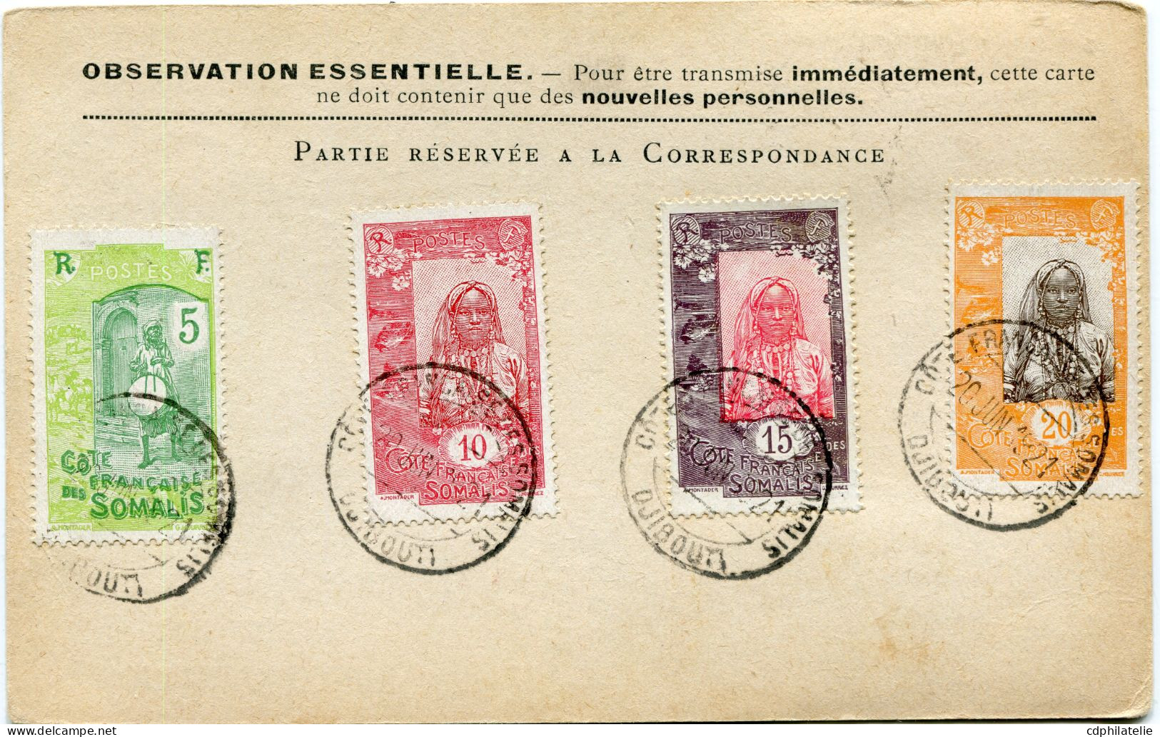 COTE FRANCAISE DES SOMALIS CARTE DE CORRESPONDANCE AUX ARMEES AVEC AFFR RECTO/VERSO AVEC OBL DJIBOUTI 20 JUN 1921 - Lettres & Documents