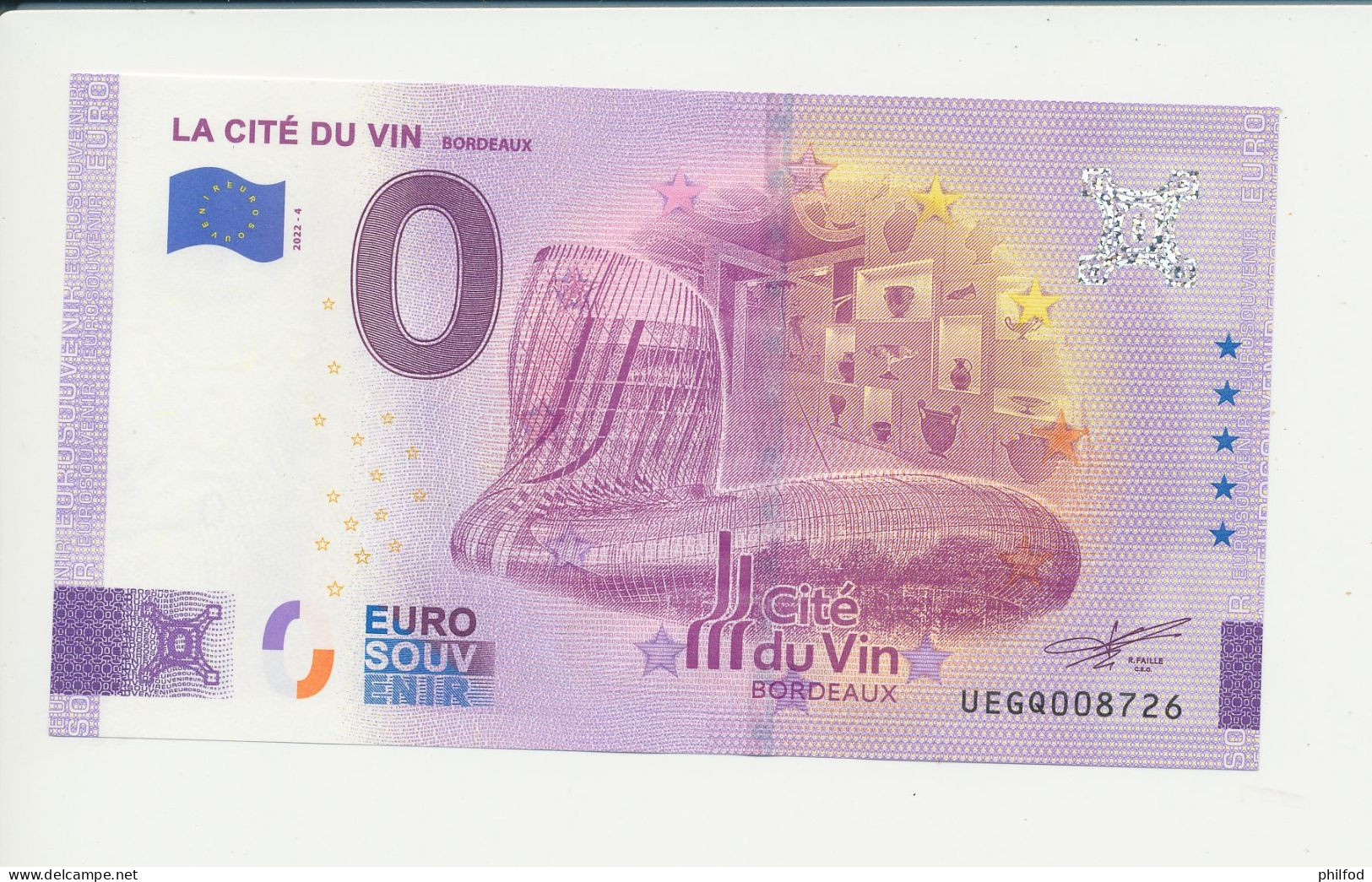 Billet Touristique  0 Euro  - LA CITE DU VIN BORDEAUX - UEGQ - 2022-4 -  N° 8726 - Altri & Non Classificati