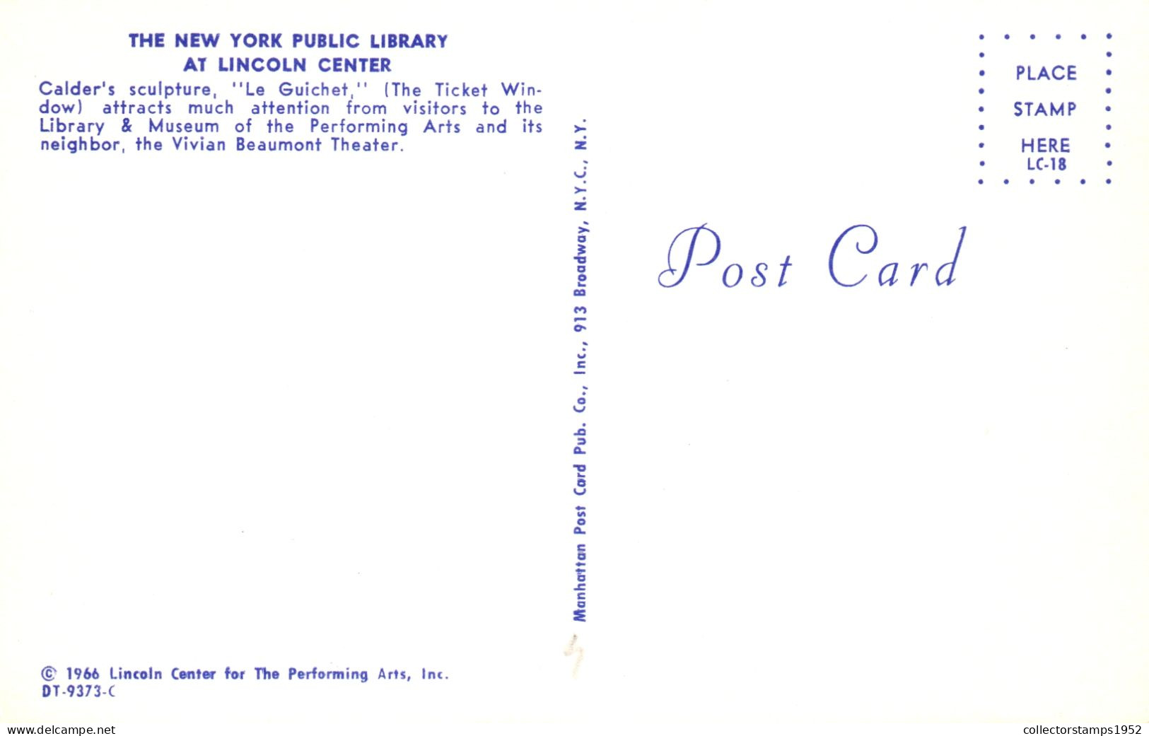 NEW YORK, LINCOLN CENTER, PUBLIC LIBRARY, ARCHITECTURE, SCULPTURE, UNITED STATES, POSTCARD - Other Monuments & Buildings