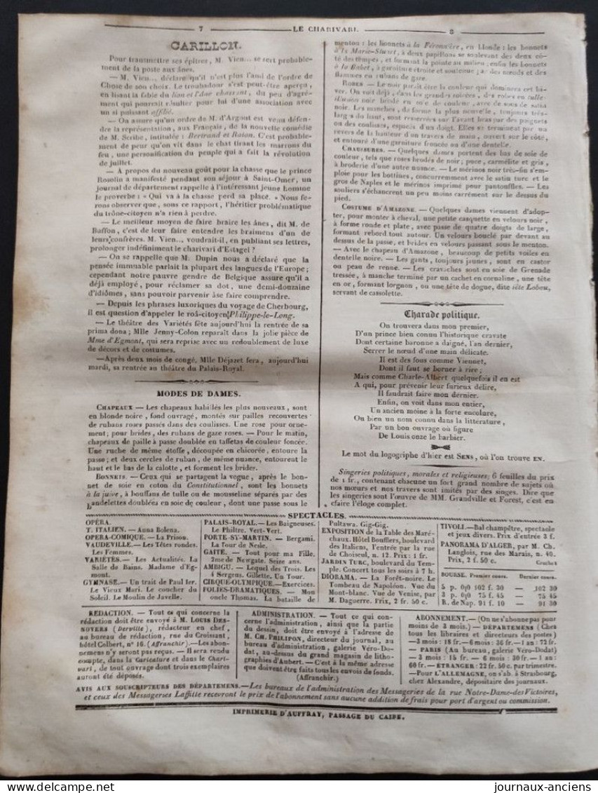 1833 Journal Satirique " LE CHARIVARI " - MIROIR DE PARIS - Dessin " PIGAL "  SI VOUS REGARDIEZ DEVANT VOUS ANIMAL ! - 1800 - 1849