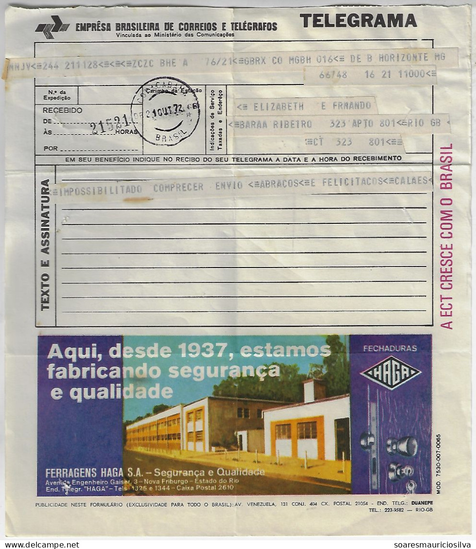 Brazil 1972 Telegram Authorized Advertising Haga SA Hardware Lock & Key Factory From Belo Horizonte To Rio De Janeiro - Covers & Documents
