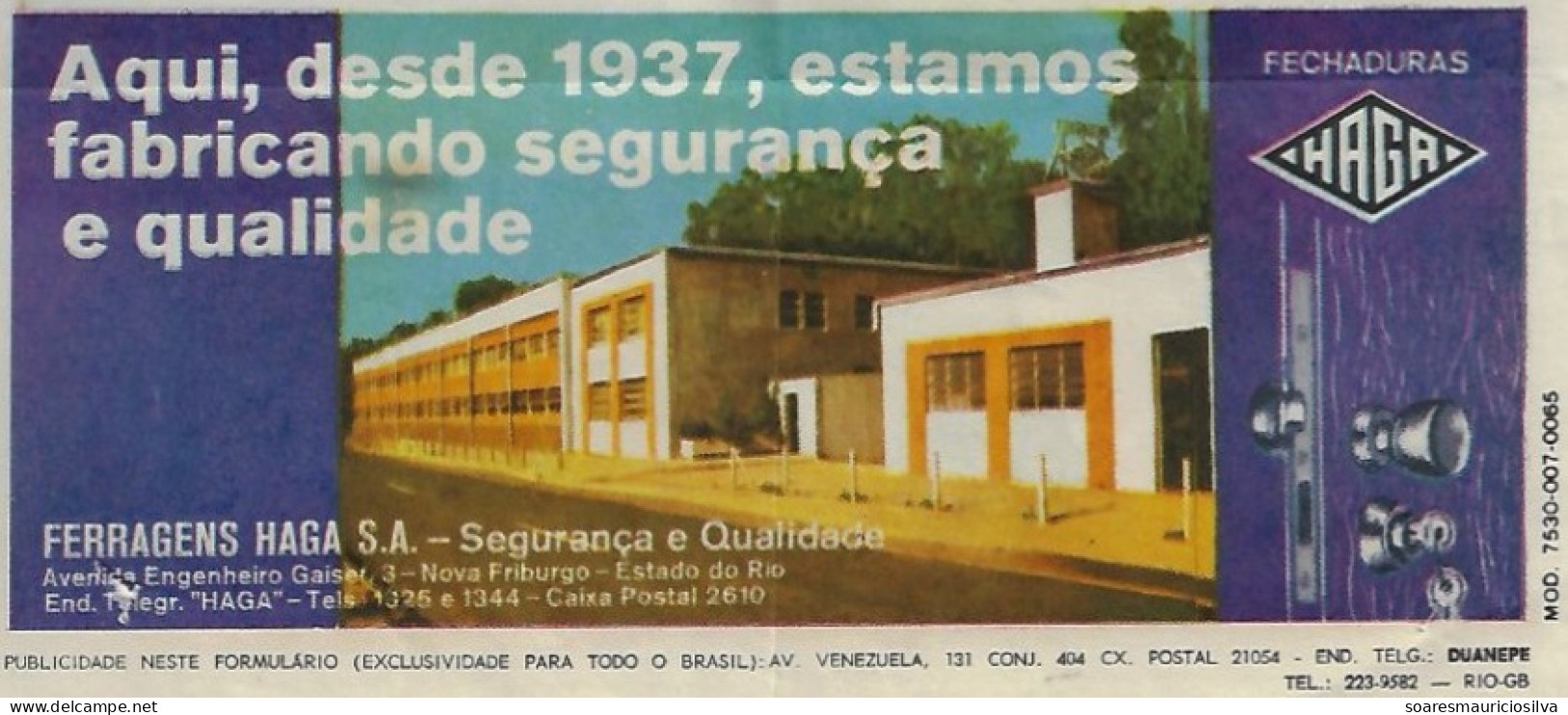 Brazil 1972 Telegram Authorized Advertising Haga SA Hardware Lock & Key Factory From Belo Horizonte To Rio De Janeiro - Cartas & Documentos