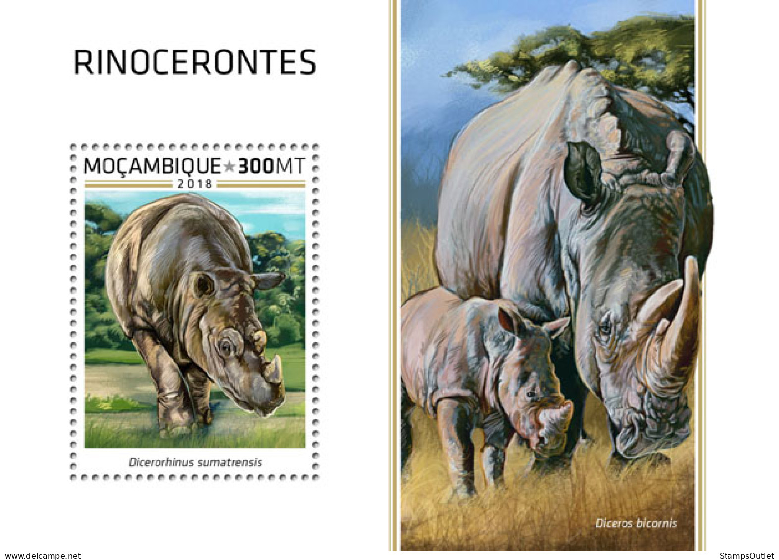 MOZAMBIQUE 2018 MNH  Rhinos  Michel Code:  9865 / Bl.1413. Yvert&Tellier Code: 1362 - Mozambique